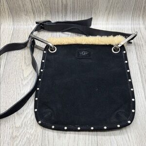 UGG Black Suede Crossbody Bag with Shearling Trim